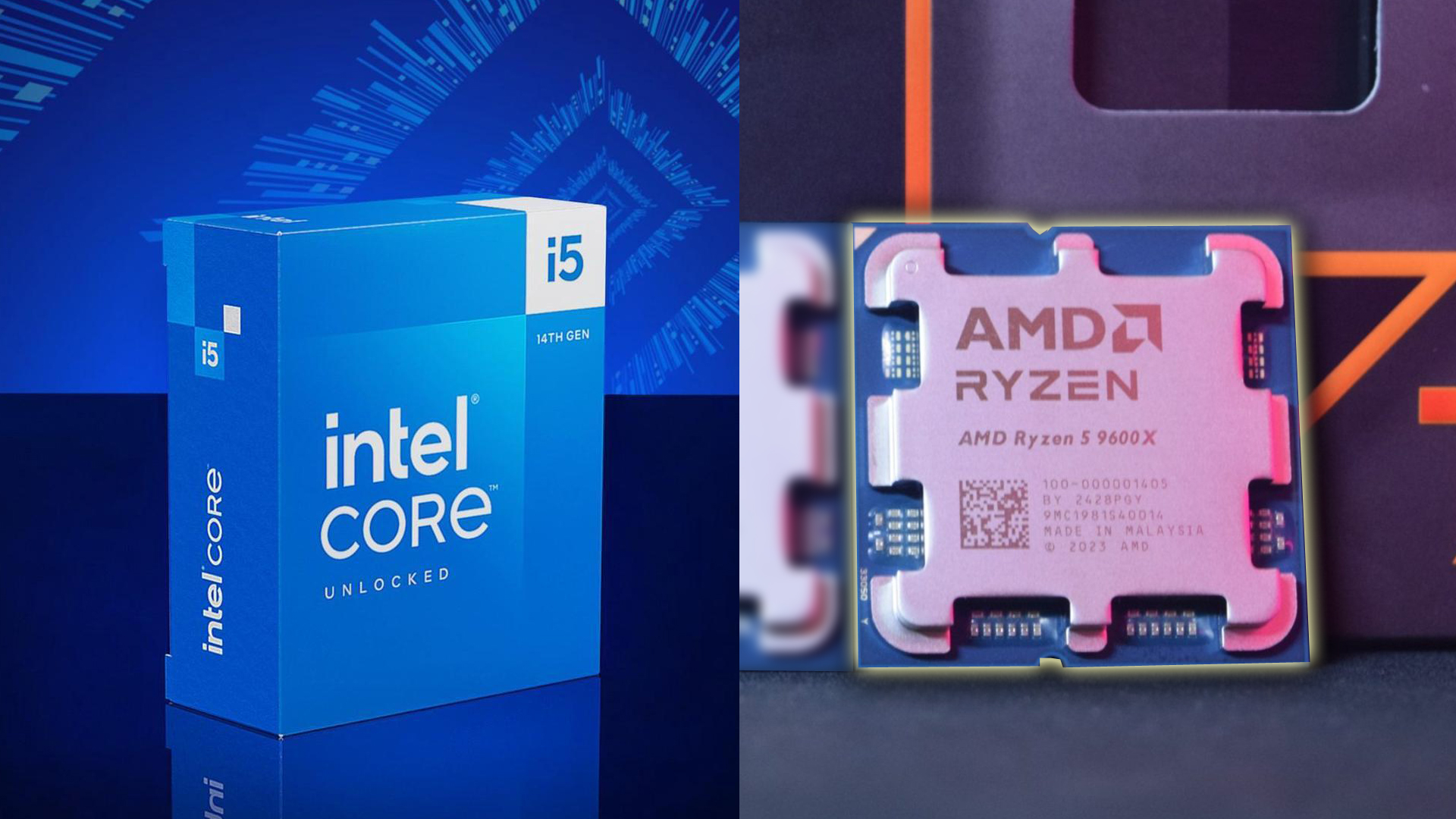 Intel Core i5 14th Gen box on left, AMD Ryzen 5 9600X processor on right.