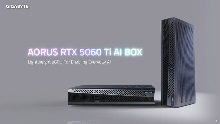 Gigabyte AORUS RTX 5060 Ti AI BOX with Lightweight eGPU For Enabling Everyday AI text on a gray background.