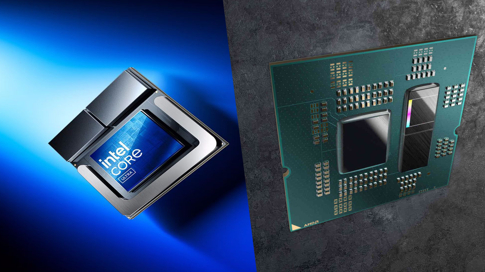 Intel Core Ultra processor beside AMD CPU on blue and grey backgrounds.
