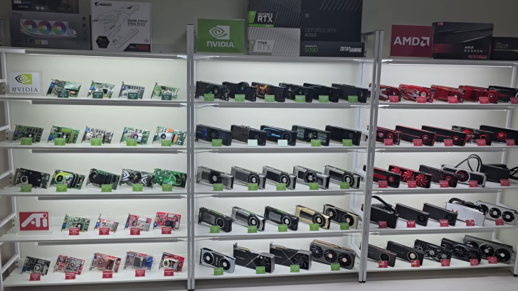 NVIDIA GeForce RTX and AMD Radeon graphics cards displayed on shelves with labels like TITAN RTX and NVIDIA sign above.