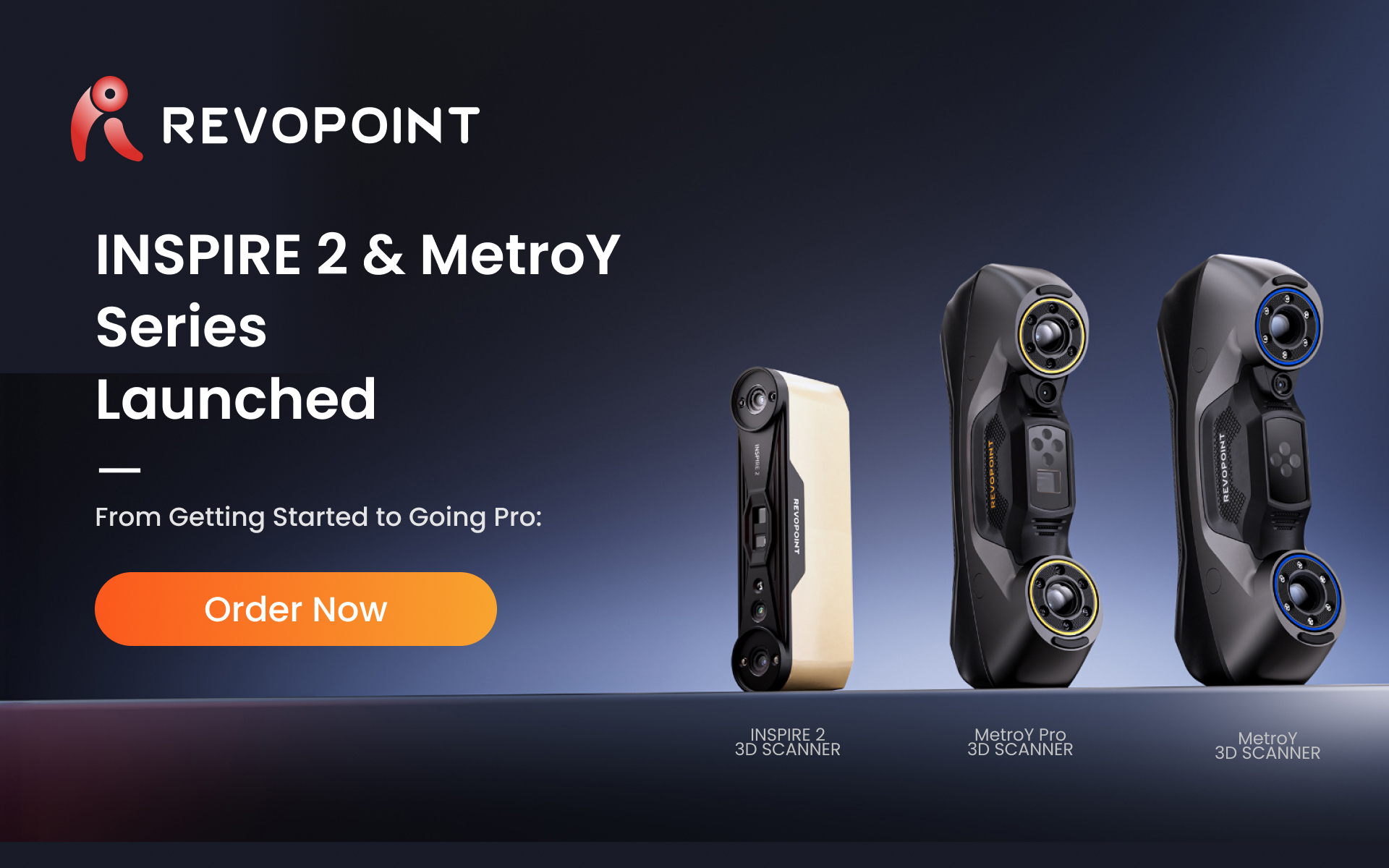 Revopoint Inspire 2 and MetroY series 3D scanners are launched with an Order Now button.