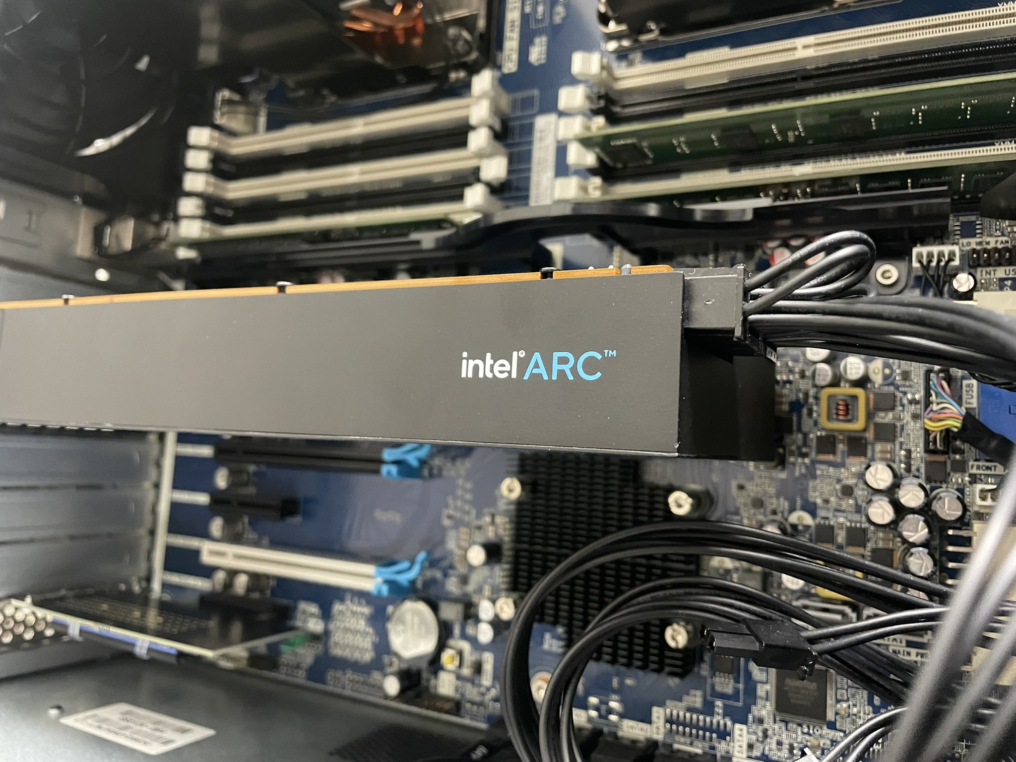 Intel ARC graphics card installed inside a computer case.