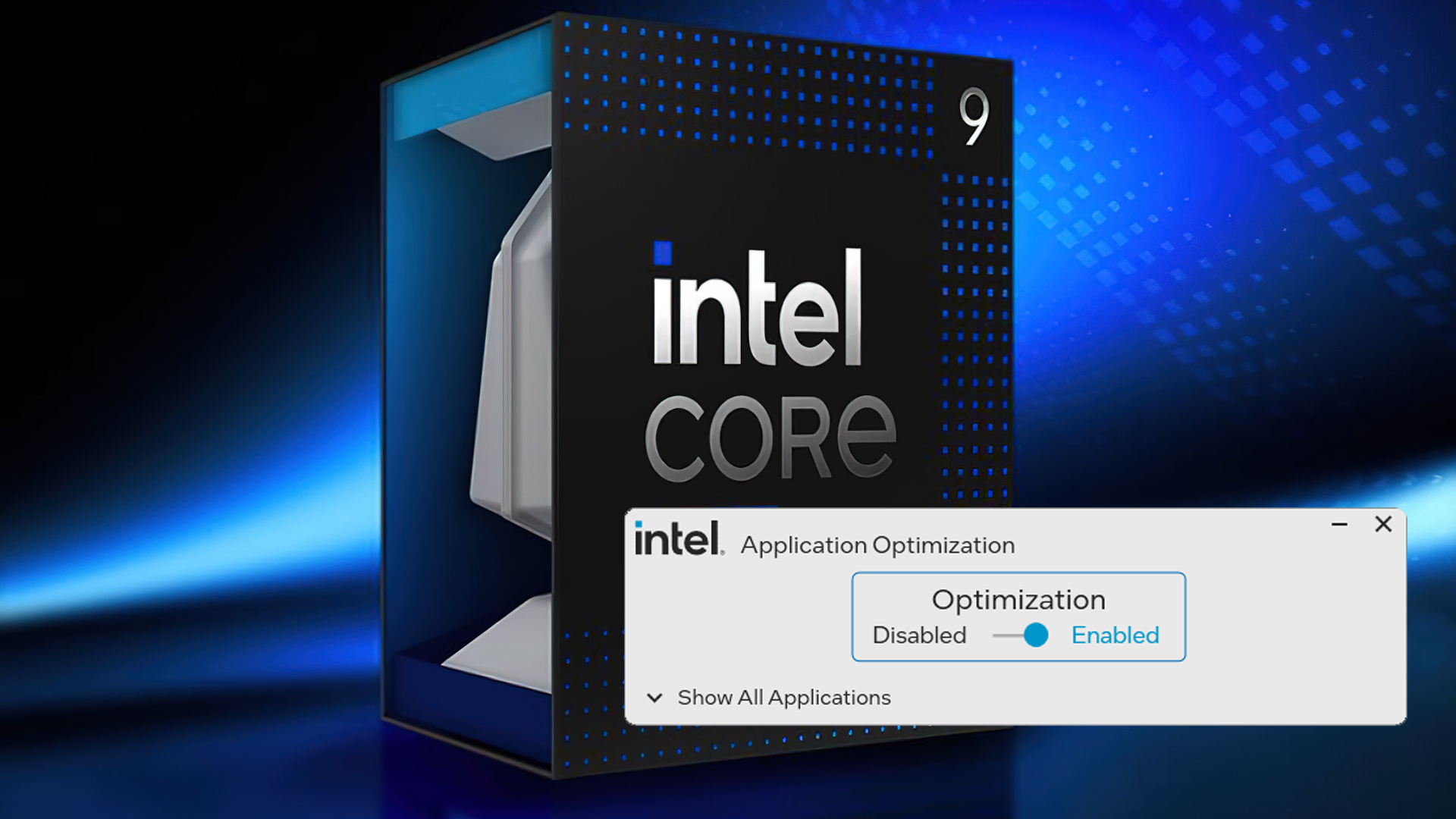 Intel Core 9 box with intel Application Optimization dialog showing Optimization Enabled button highlighted.