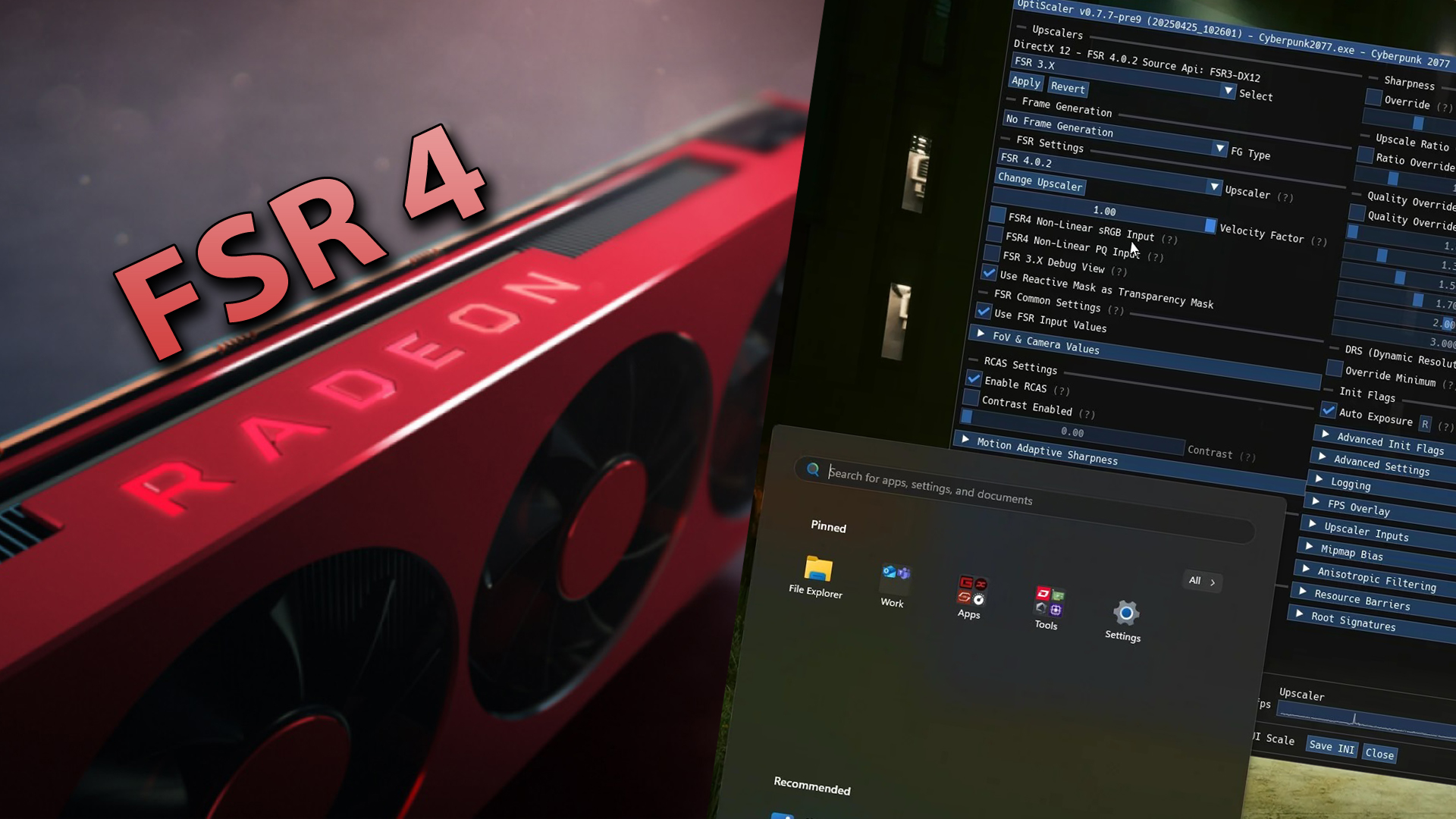 Radeon graphics card next to a screen showing “FSR 4.0.2” with settings options.