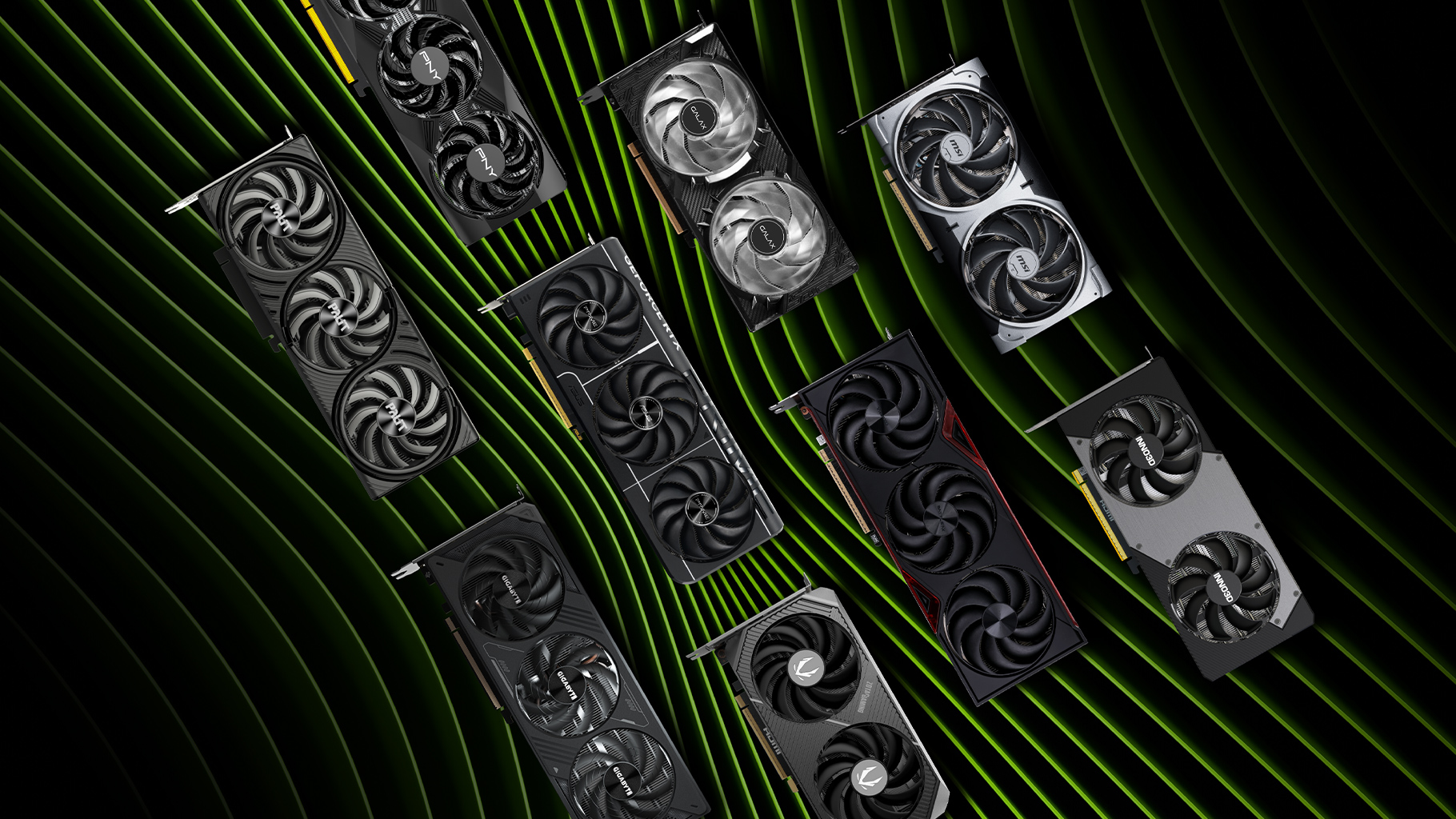 Multiple NVIDIA graphics cards including GeForce RTX and ZOTAC models arranged diagonally on a green striped background.