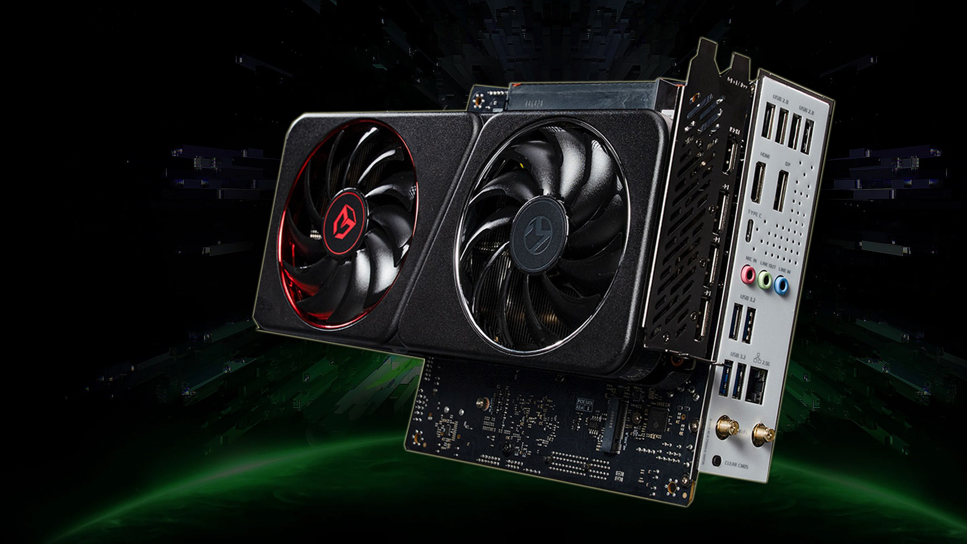 Graphics card with dual fans and multiple ports showing on a digital backdrop.