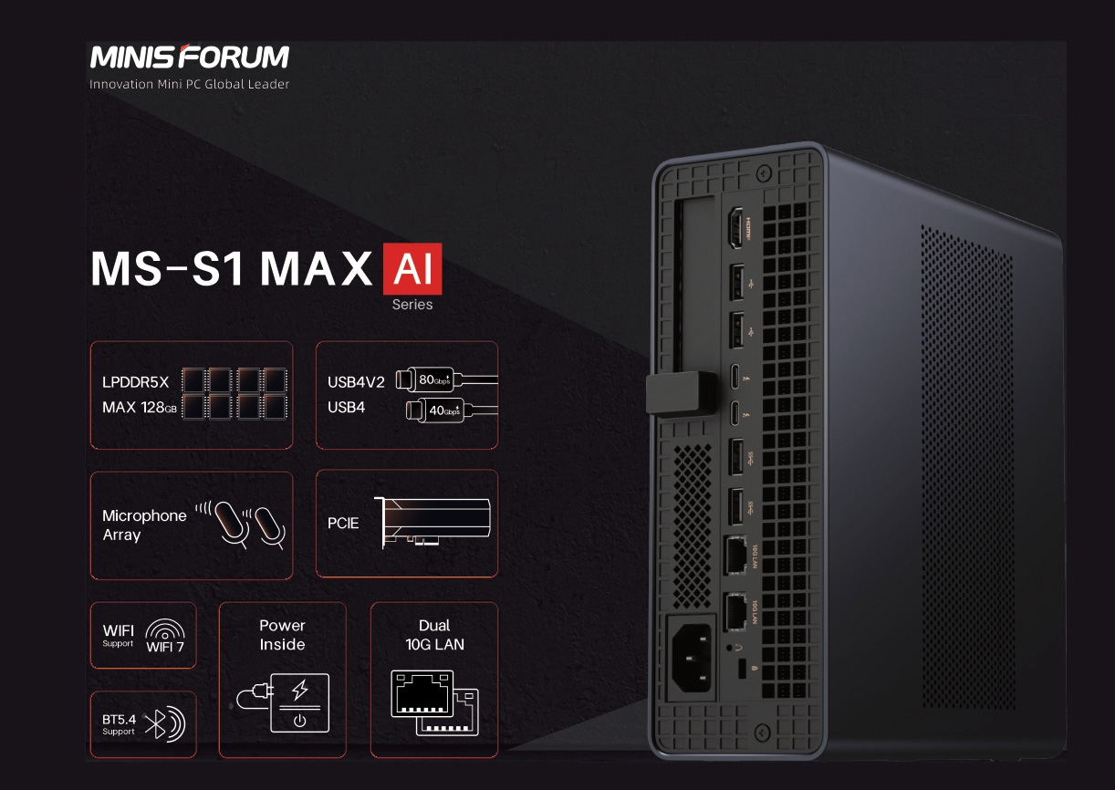 MINISFORUM MS-S1 MAX AI series mini PC with LPDDR5X 128GB, USB4V2, PCIE, WiFi 7, BT5.4 support, and dual 10G LAN.