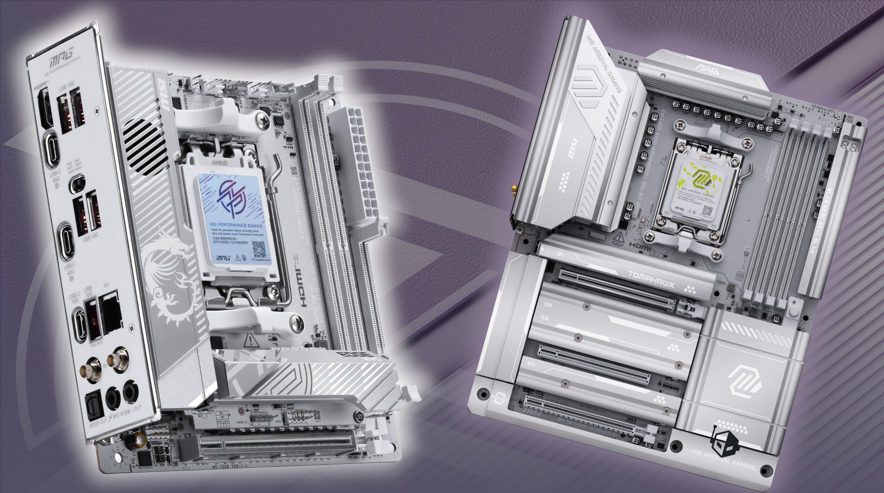 MSI MAG Tomahawk WiFi motherboard on purple background, marked MSI PERFORMANCE GAMING, and MSI ARSENAL GAMING.