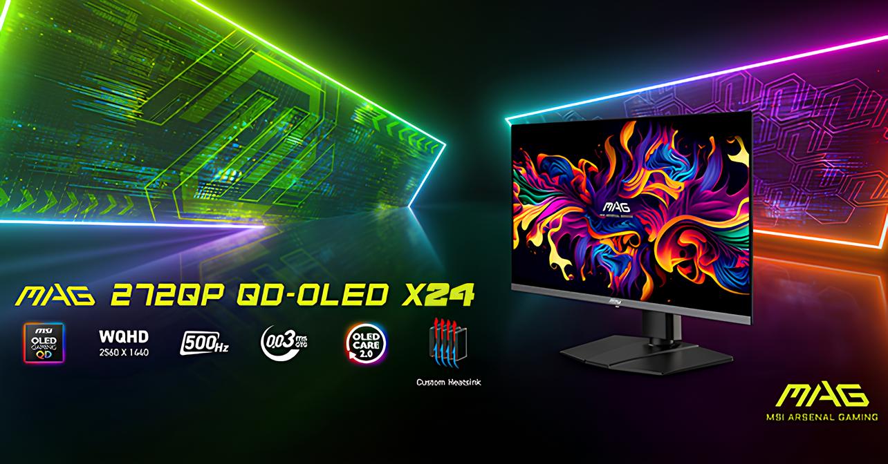 MAG 272QP QD-OLED X24 monitor with colorful display and features listed like 500Hz and WQHD 2560 x 1440.