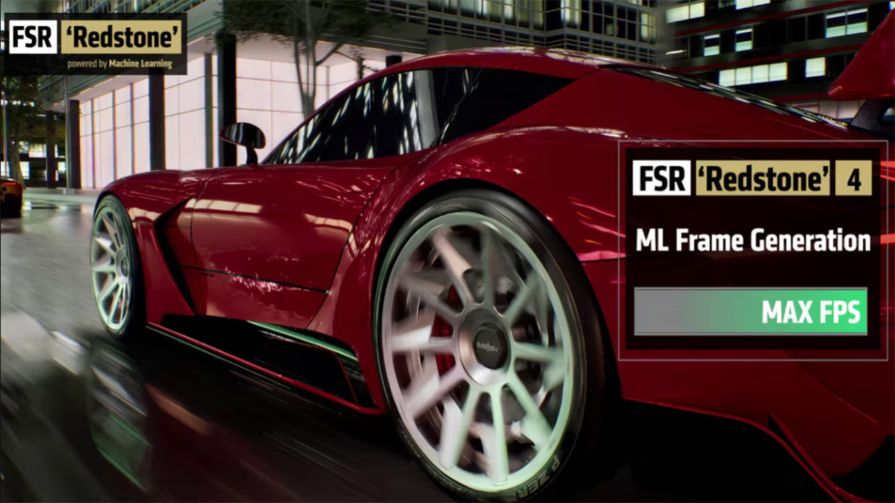 Red car showcasing FSR 'Redstone' 4 with ML Frame Generation for high FPS gaming performance.