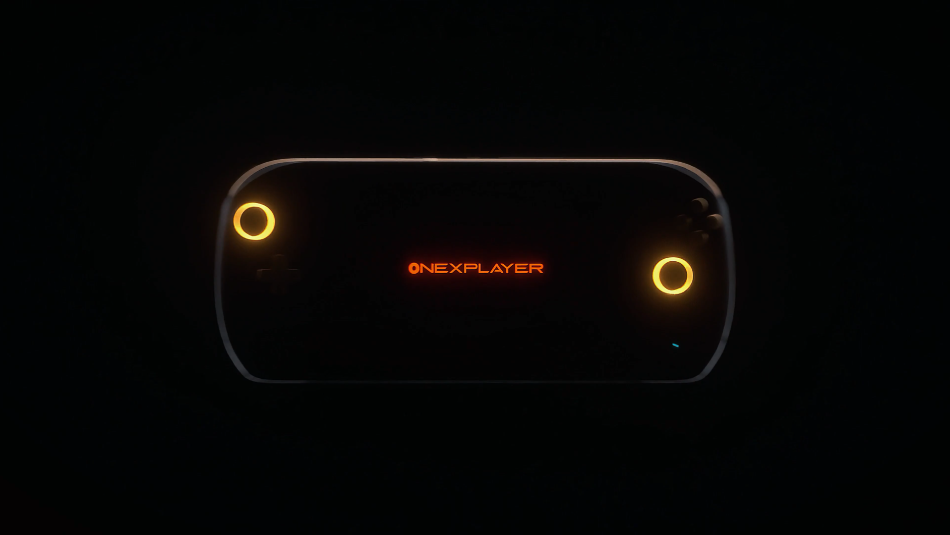 ONEXPLAYER handheld console with glowing buttons against a dark background.