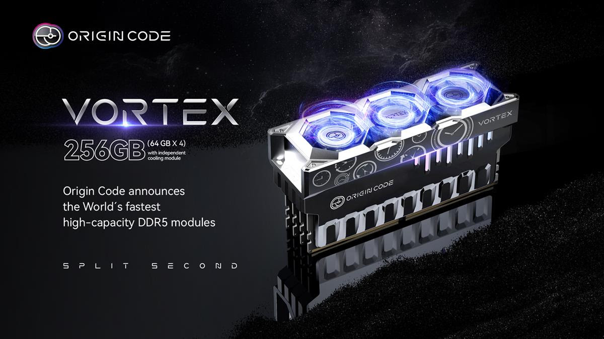 Origin Code Vortex 256GB DDR5 module with independent cooling, announced as World's fastest high-capacity DDR5 modules.