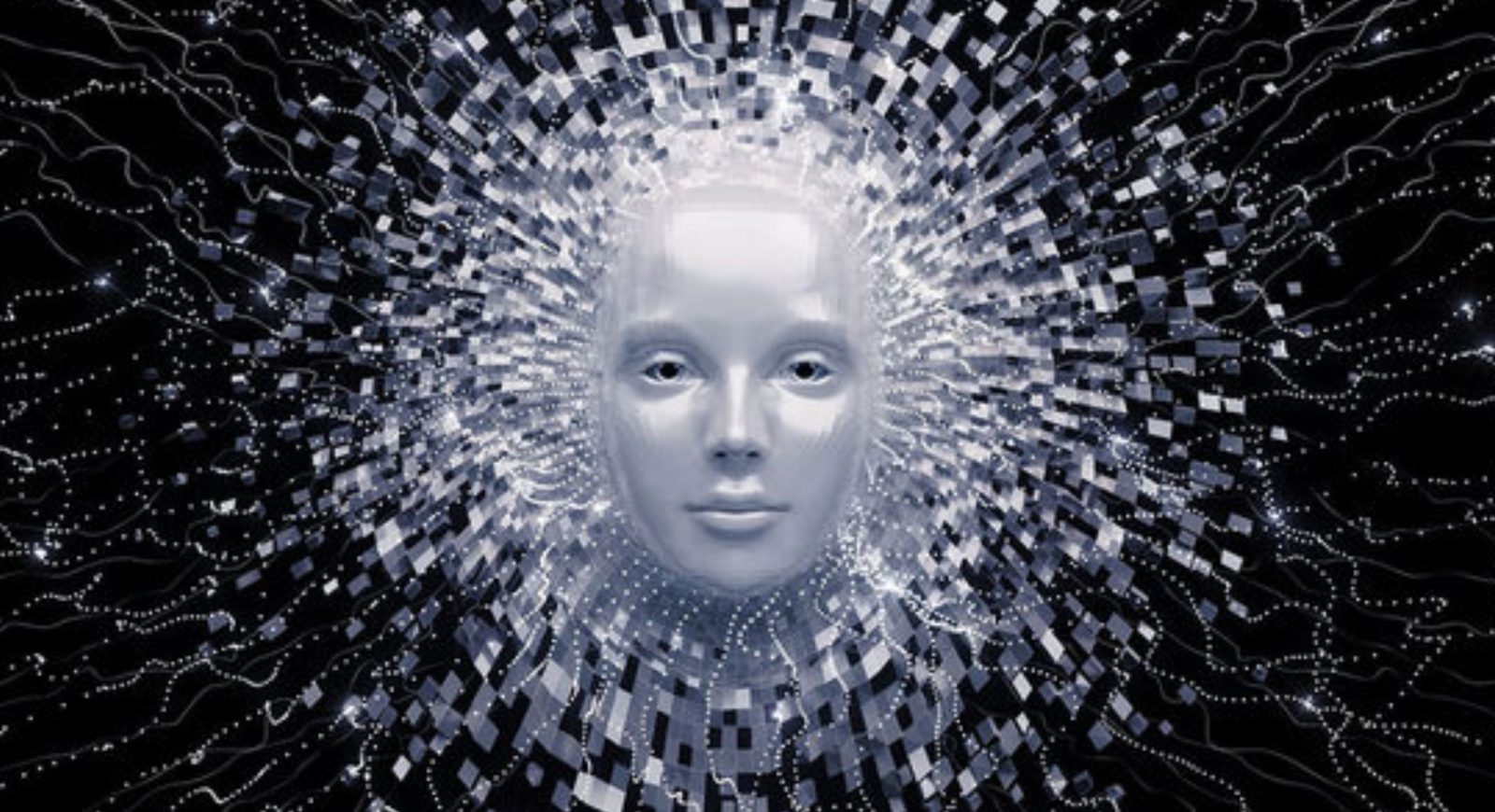 Abstract silver face surrounded by wires and digital patterns.