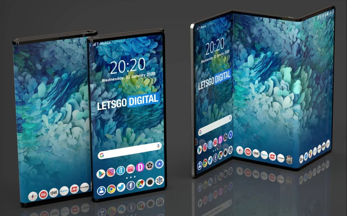 Foldable smartphones display LETSGO DIGITAL and 20:20 on screen.