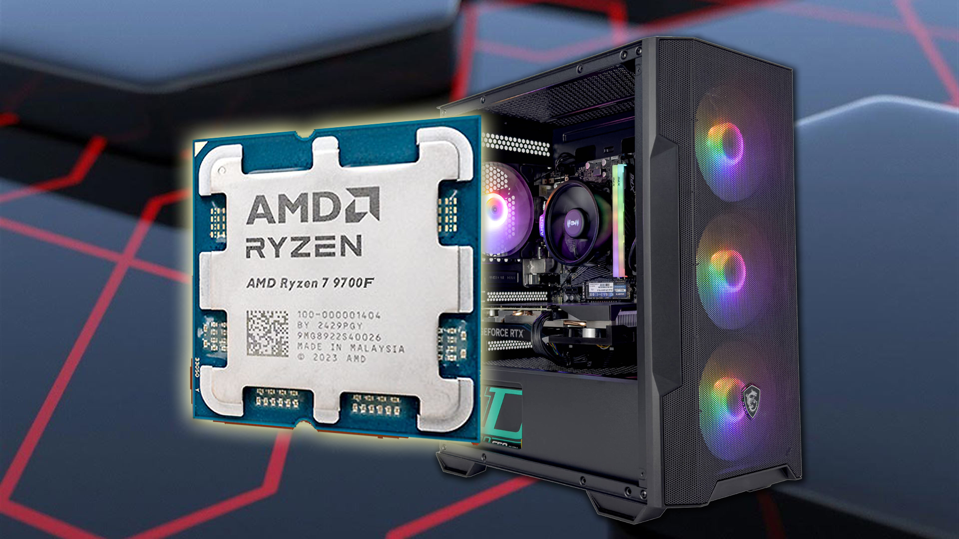 AMD Ryzen 7 9700F processor and a desktop computer with MSI logo and NVIDIA GeForce RTX inside, on a tech-themed background.