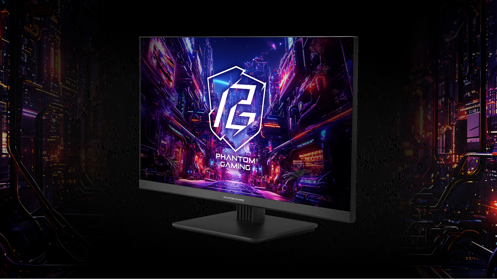 Monitor displaying Phantom Gaming logo with a digital cityscape, on a dark, tech-themed background.