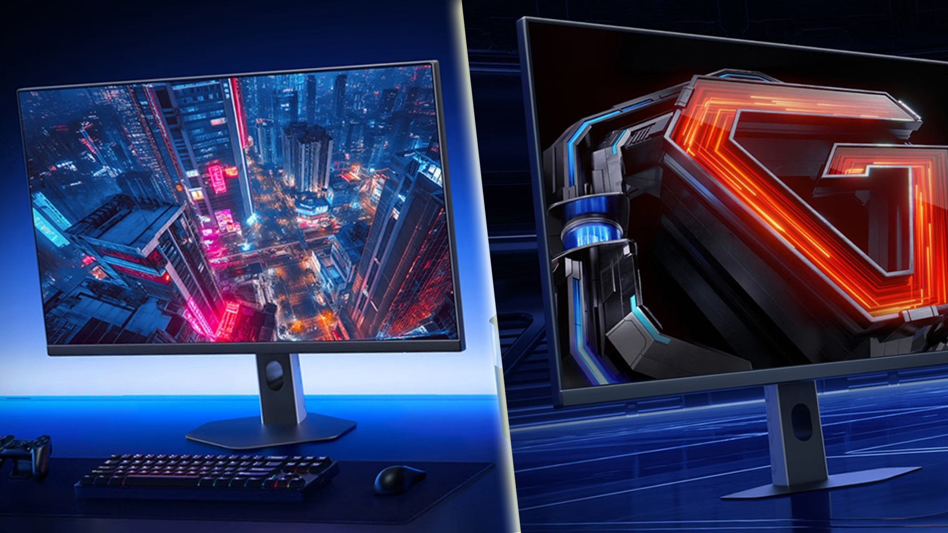 Two unbranded monitors showing cyberpunk cityscape and red mechanical design, with gaming keyboard and controller nearby.