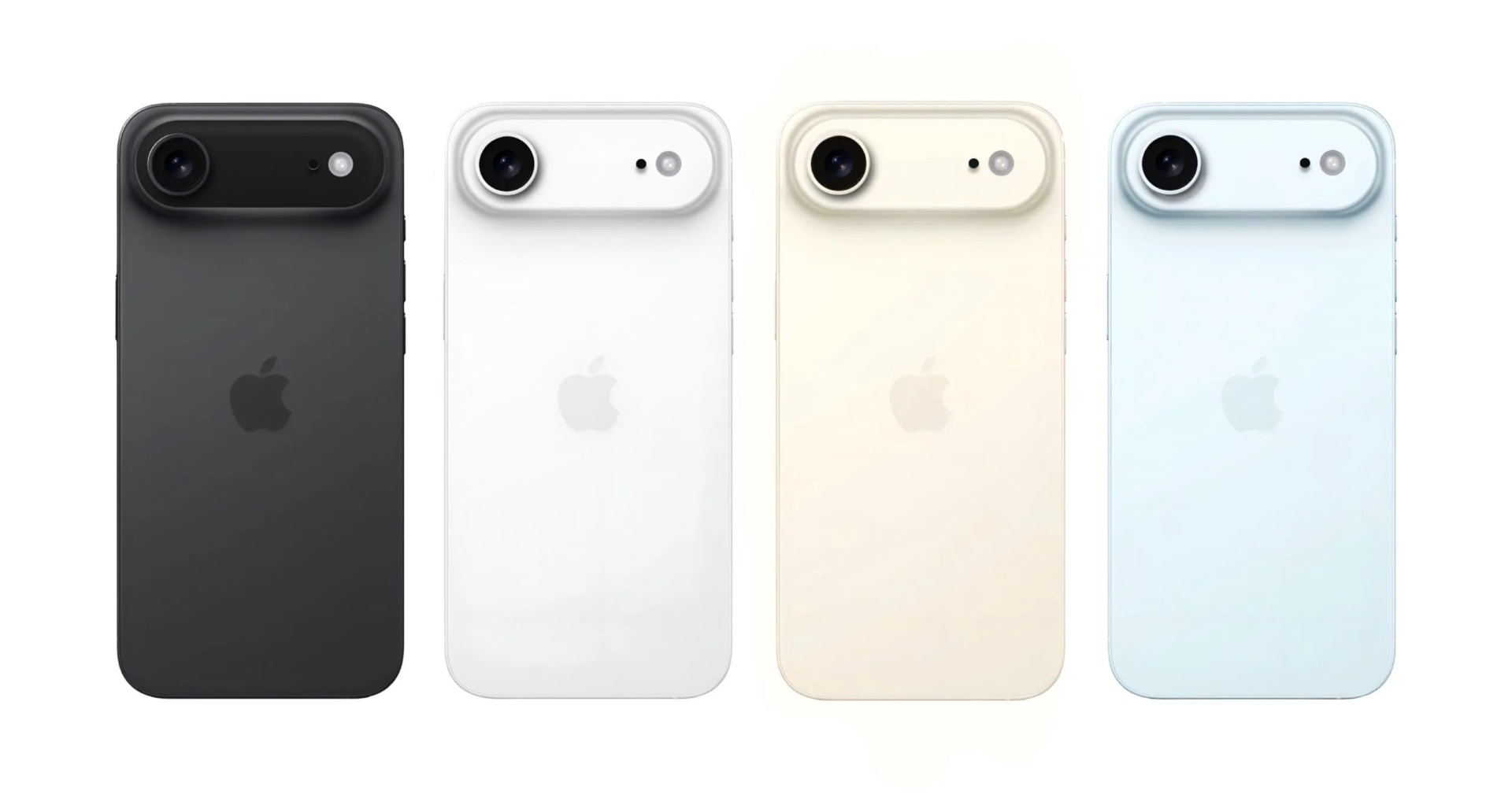 Four Apple iPhone models in black, white, cream, and light blue showing rear cameras.