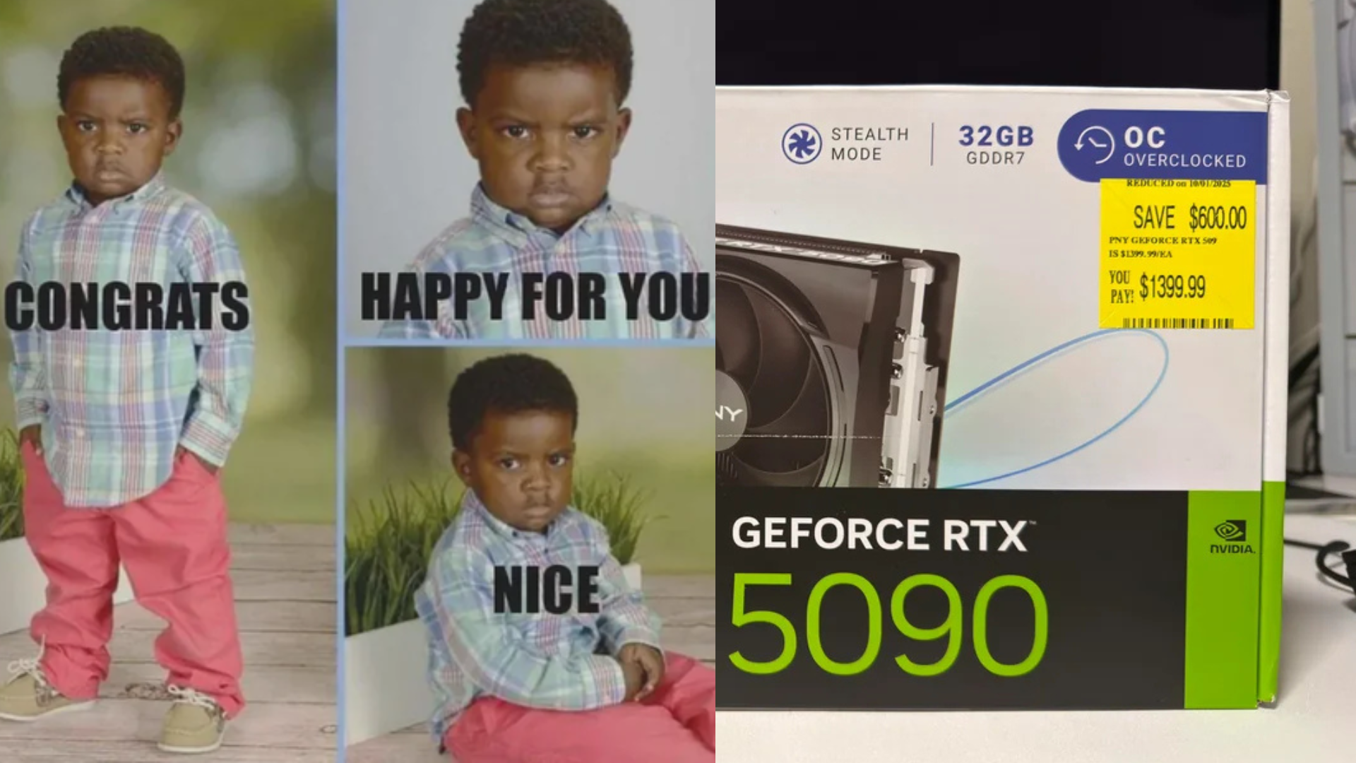 NVIDIA GeForce RTX 5090 graphics card box with SAVE $600.00 price reduction label.