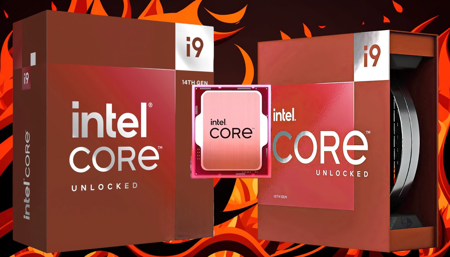 Intel Core i9 14th Gen unlocked processor with fiery background.