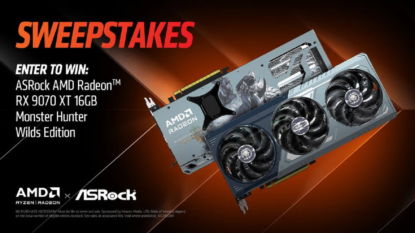 ASRock AMD Radeon RX 9070 XT 16GB Monster Hunter Wilds Edition card with SWEEPSTAKES text on promotional graphic.