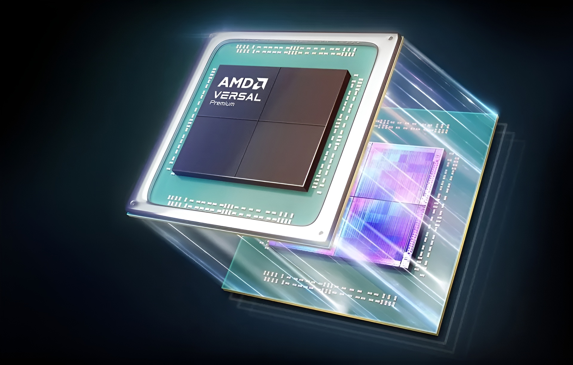 AMD VERSAL Premium chip with text AMD VERSAL and Premium in a digital render.