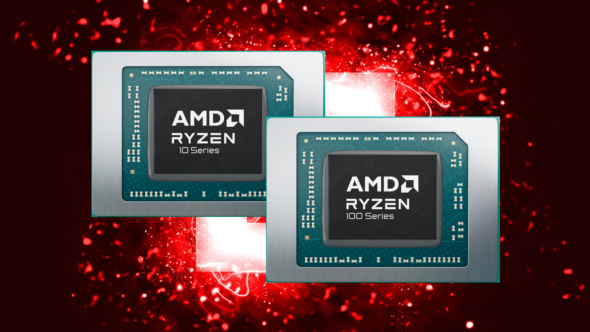 AMD Ryzen 10 Series processors on a red abstract background.
