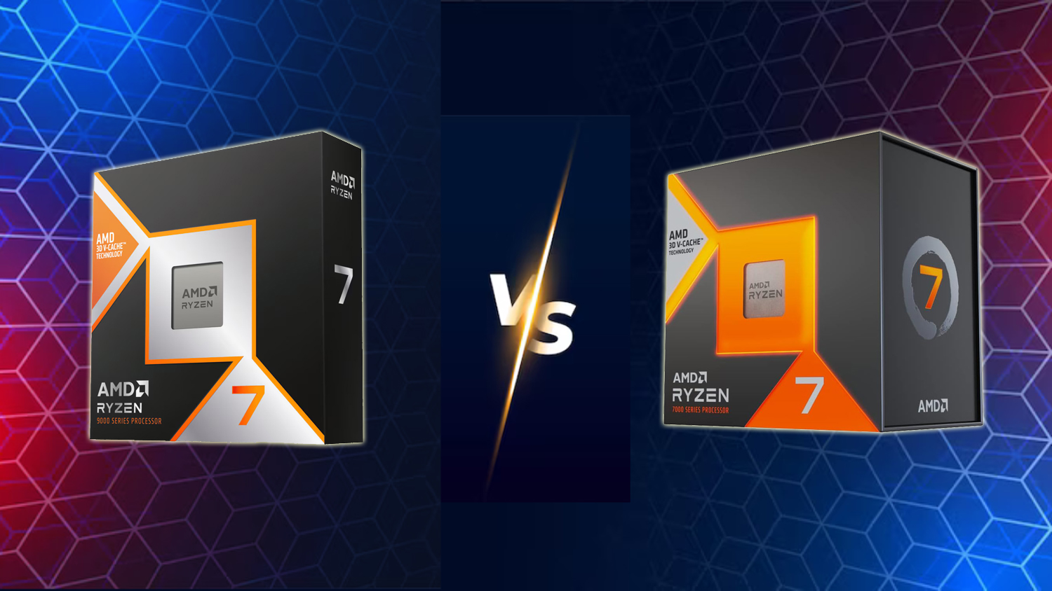 AMD Ryzen 9000 vs 7000 series processor boxes with AMD 3D V-Cache text on gradient hexagon background.
