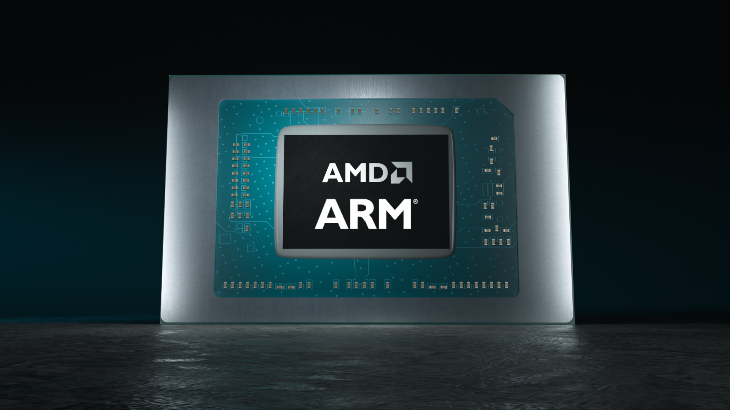 AMD ARM chip with logos on a reflective surface.
