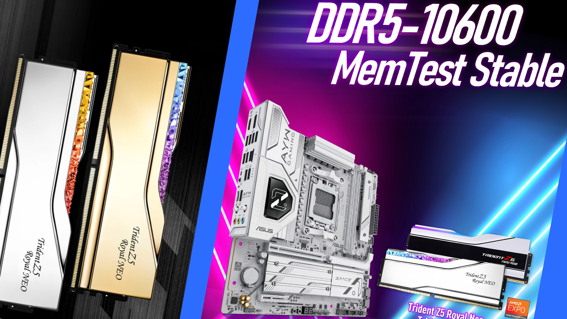 Trident Z5 Royal Neo and ASUS motherboard with DDR5-10600 MemTest Stable text and AMD EXPO branding.