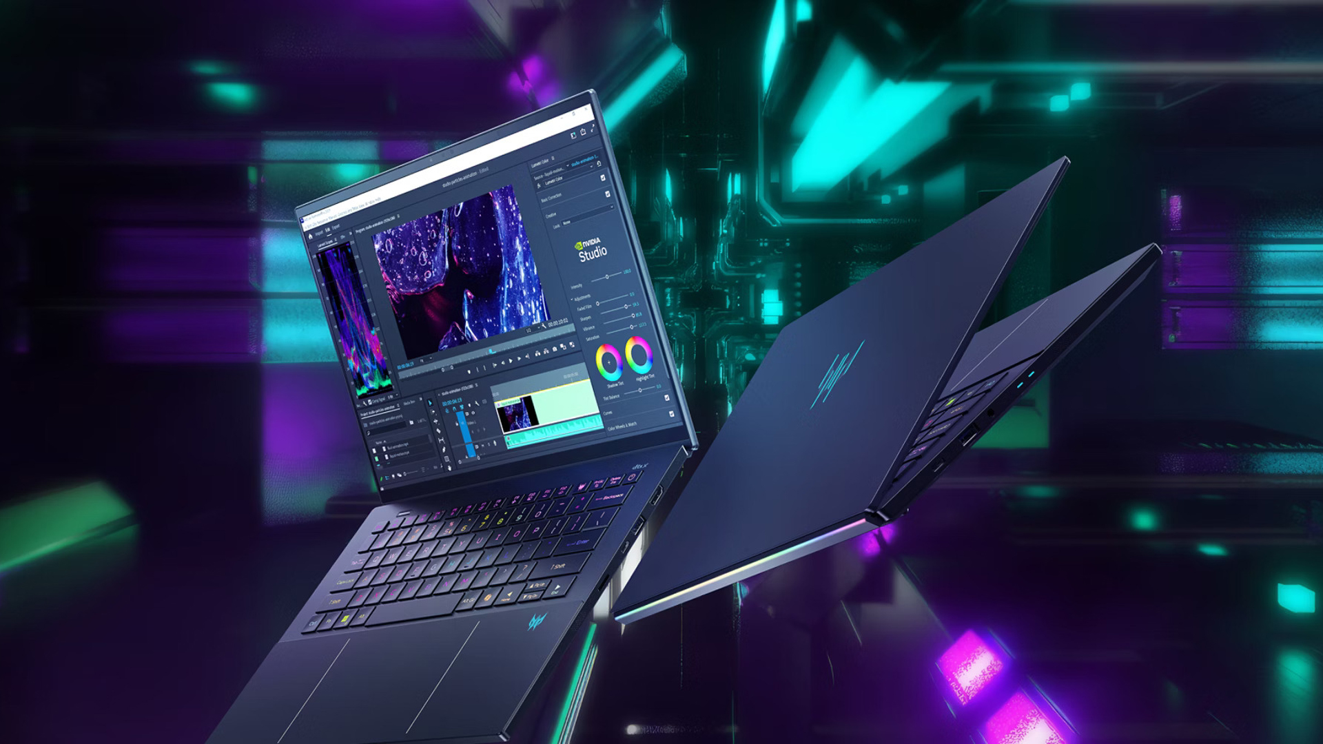 Acer Predator laptop running NVIDIA Studio shown in a futuristic virtual environment.