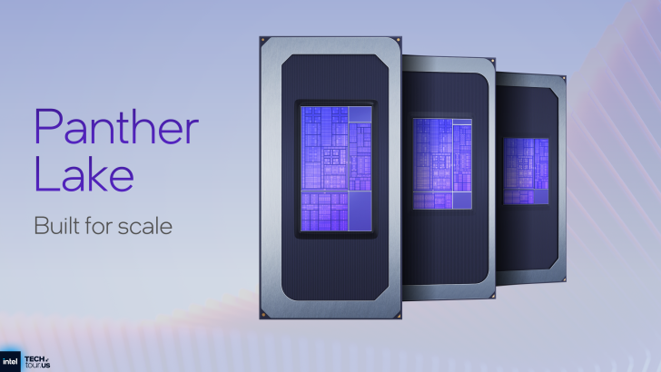 Intel Panther Lake processors labeled Built for scale on promotional background.