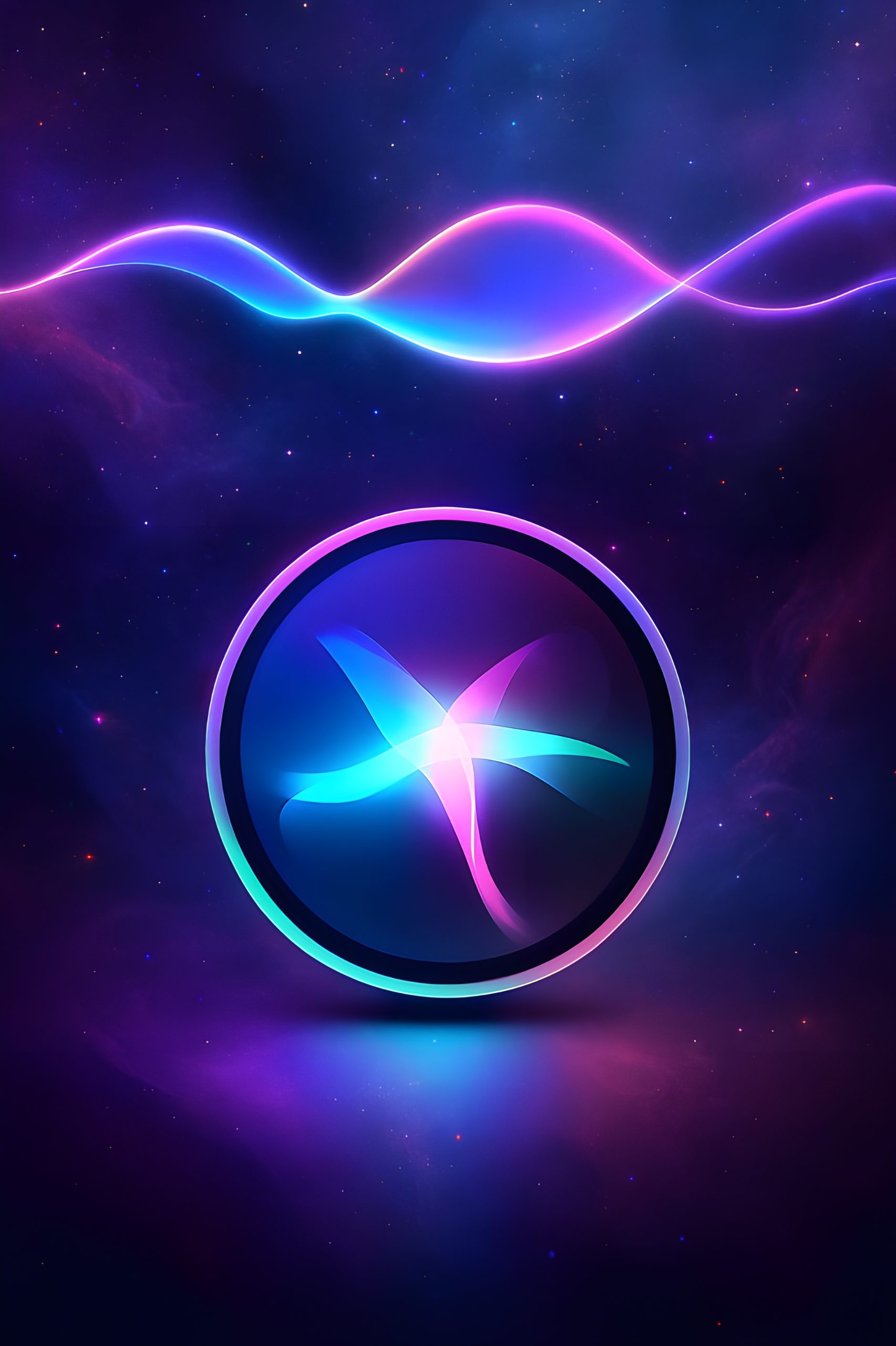 Colorful abstract icon with a purple and blue gradient wave on a space-themed background.