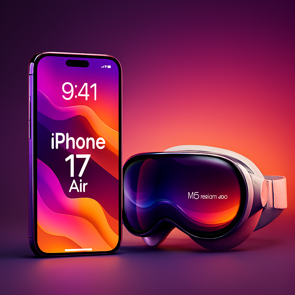 iPhone 17 Air and M5 headset next to each other on a gradient background, screen displaying 9:41.