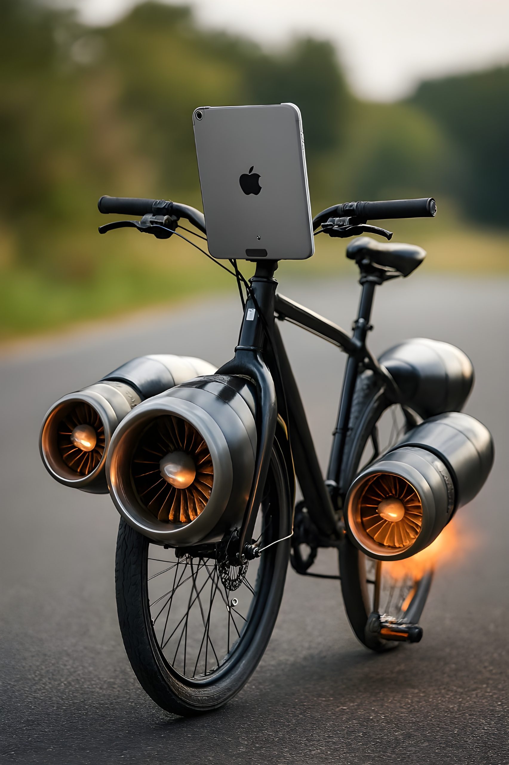 Apple iPad mounted on a jet-engine-equipped bicycle on a road.