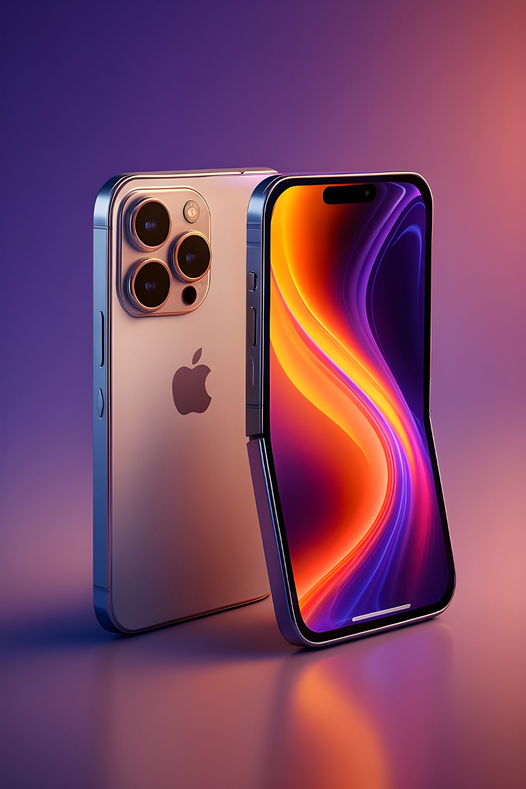 Apple iPhone with three cameras on a colorful gradient background.