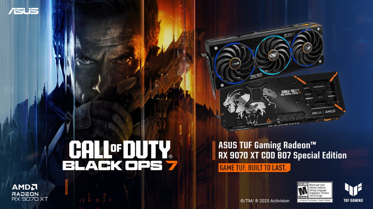 ASUS TUF Gaming Radeon RX 9070 XT COD BO7 Special Edition graphics card with CALL OF DUTY BLACK OPS 7 on promotional poster.