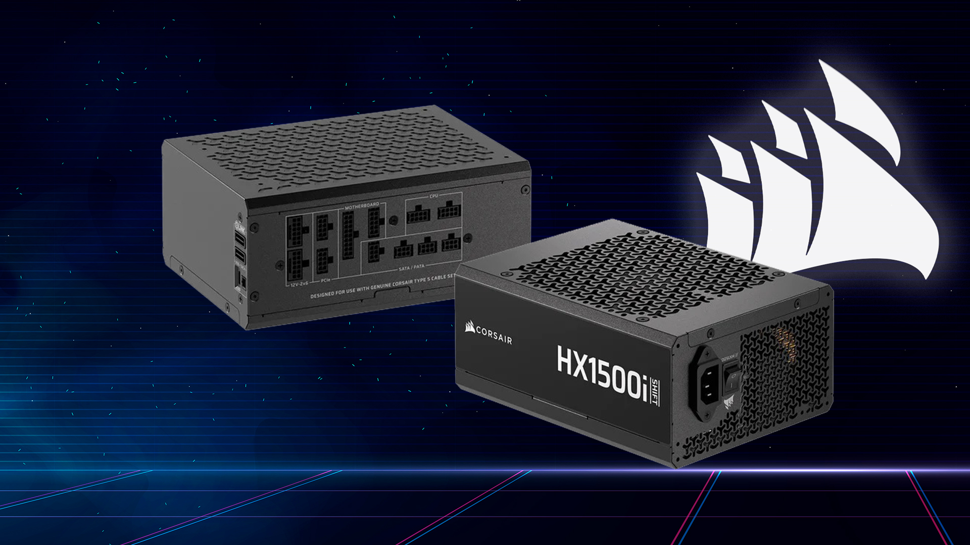 Corsair HX1500i power supply on a digital grid background with Corsair logo.