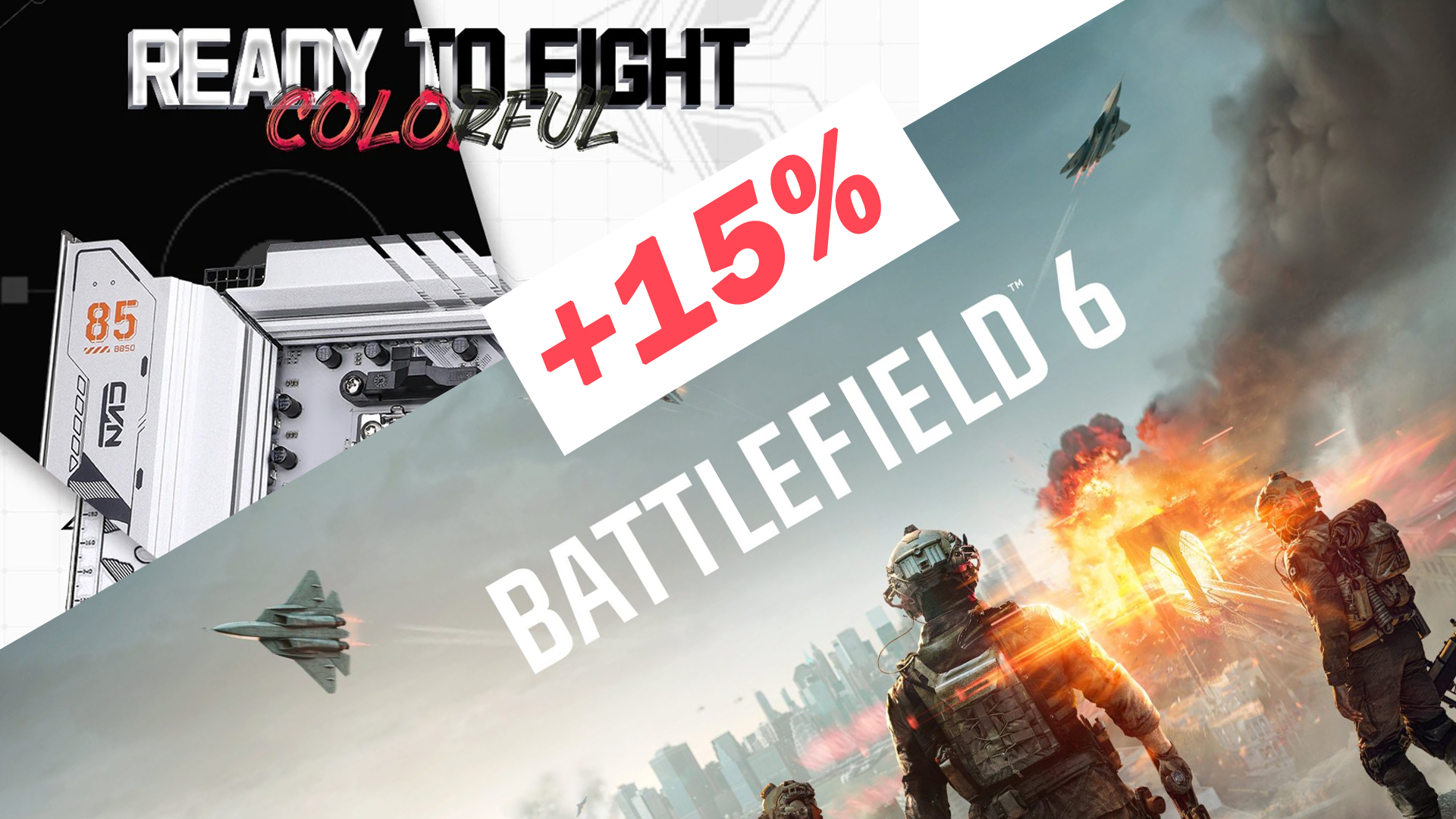 CVM B650 motherboard with text READY TO FIGHT COLORFUL +15% and BATTLEFIELD 6 over a game explosion scene.
