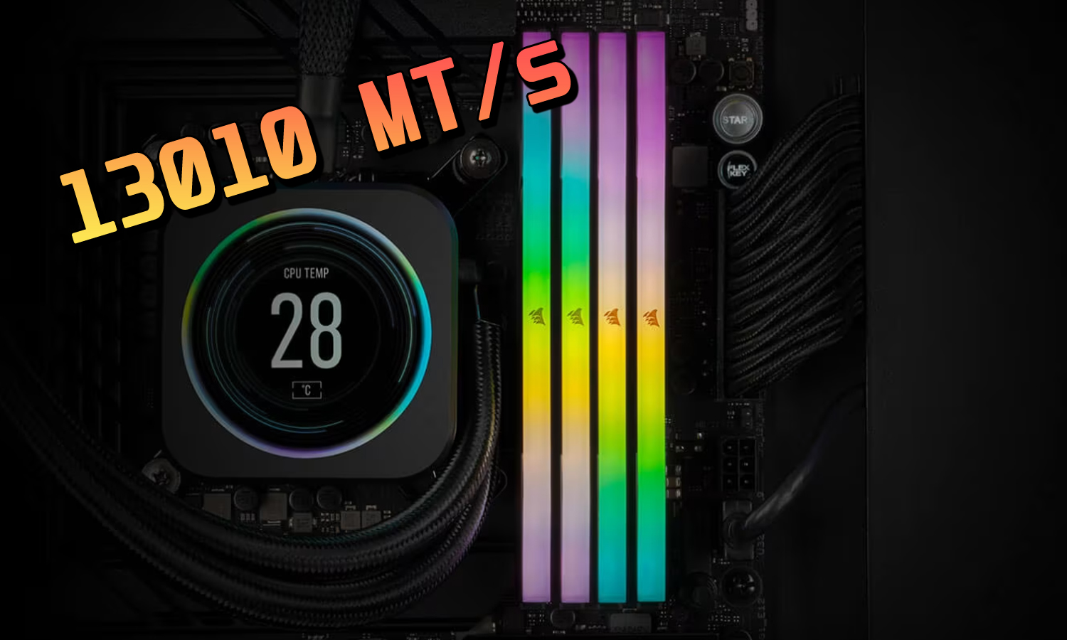 Corsair RGB RAM sticks on motherboard, “13010 MT/S” text and CPU temperature display showing “28 °C”.