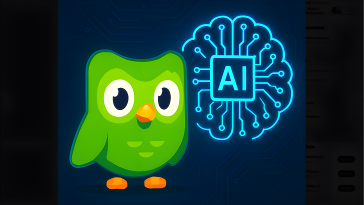 Duolingo's owl character next to a neon brain with AI text on a digital-themed background.