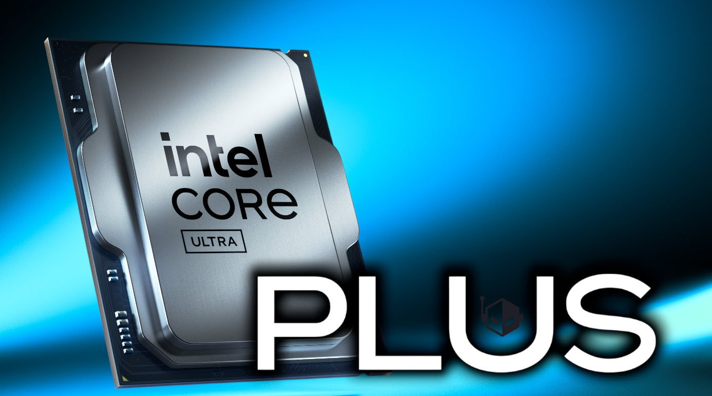 Intel Core Ultra processor with PLUS text overlay on a blue gradient background.