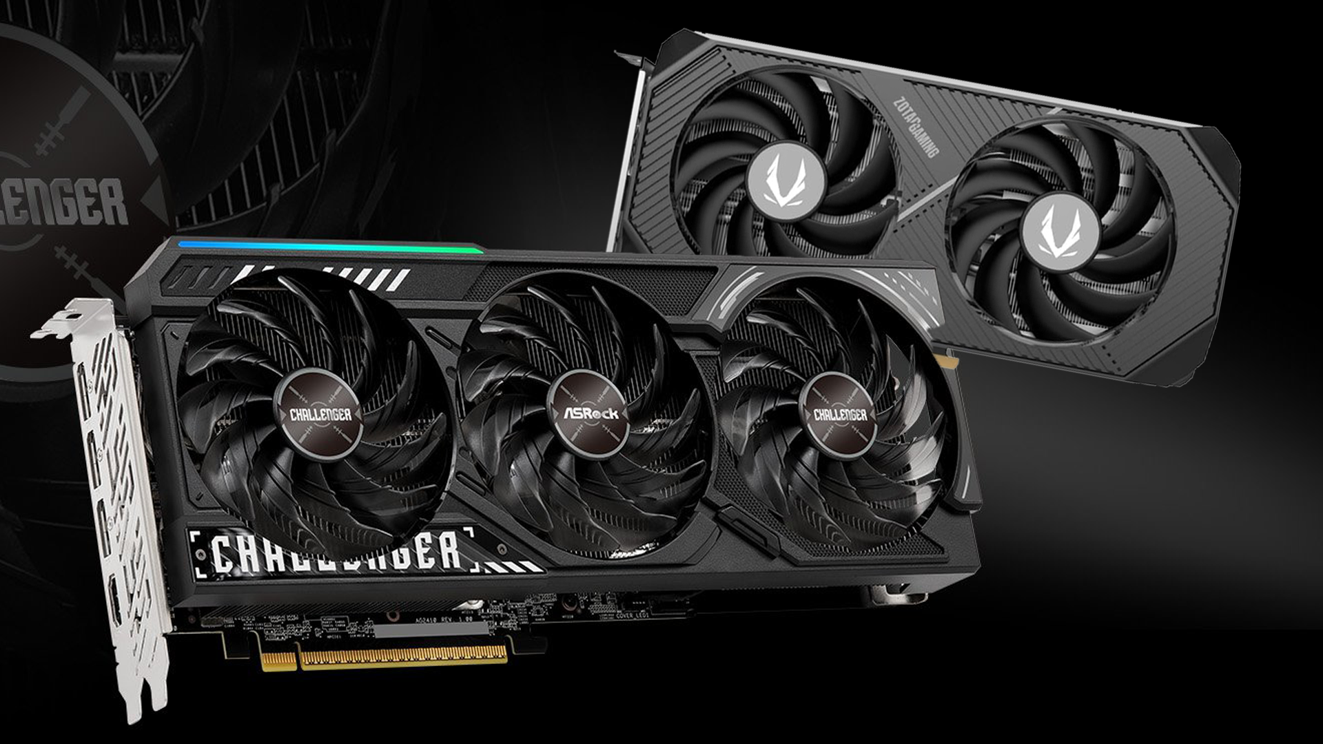 ASRock Challenger and Zotac Gaming graphics cards with visible logos floating on a dark background.