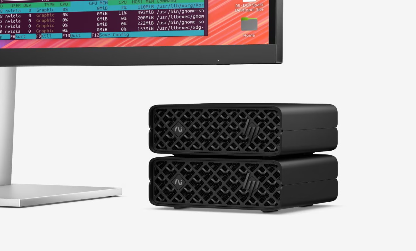 Stacked NVIDIA DGX hardware below a monitor displaying system stats and 08 - DGX Spark Developer Site on screen.