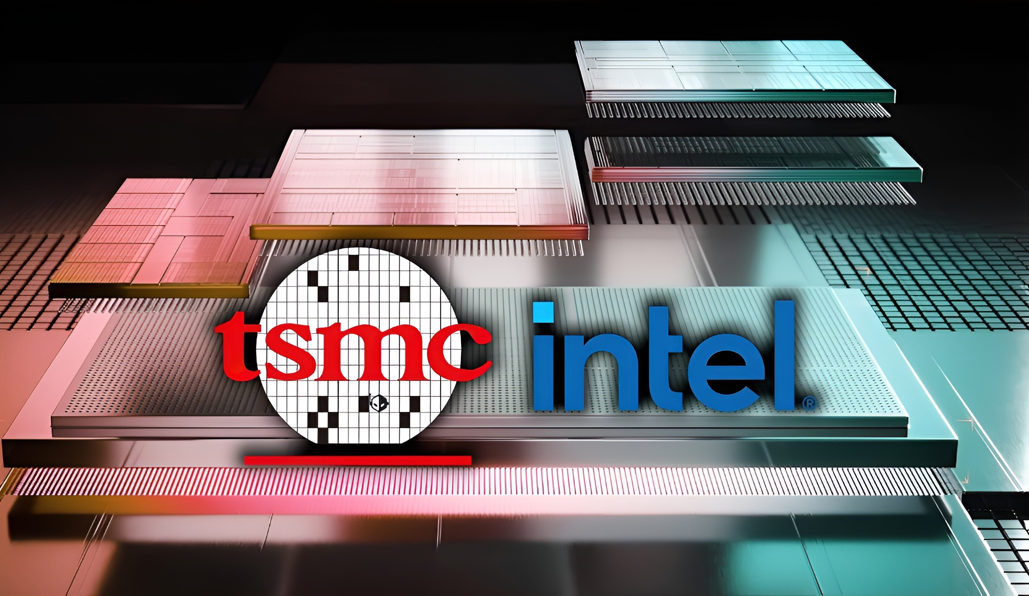 Logos of tsmc and intel overlaid on semiconductor chip background.