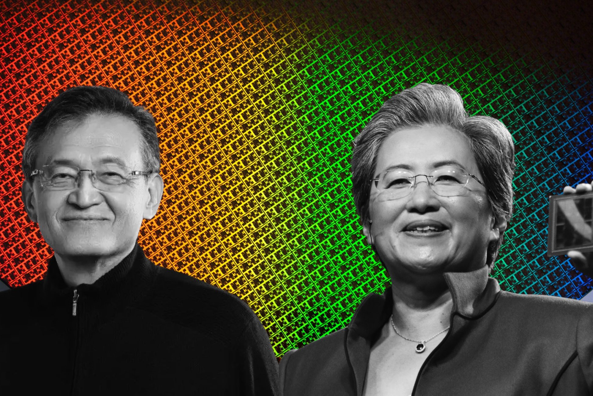 Two unknown people are in front of a colorful, patterned background, with one holding an unbranded processor chip.