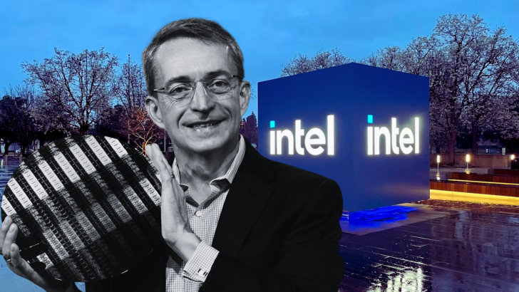 Man holding a semiconductor wafer in front of a large Intel logo outside.