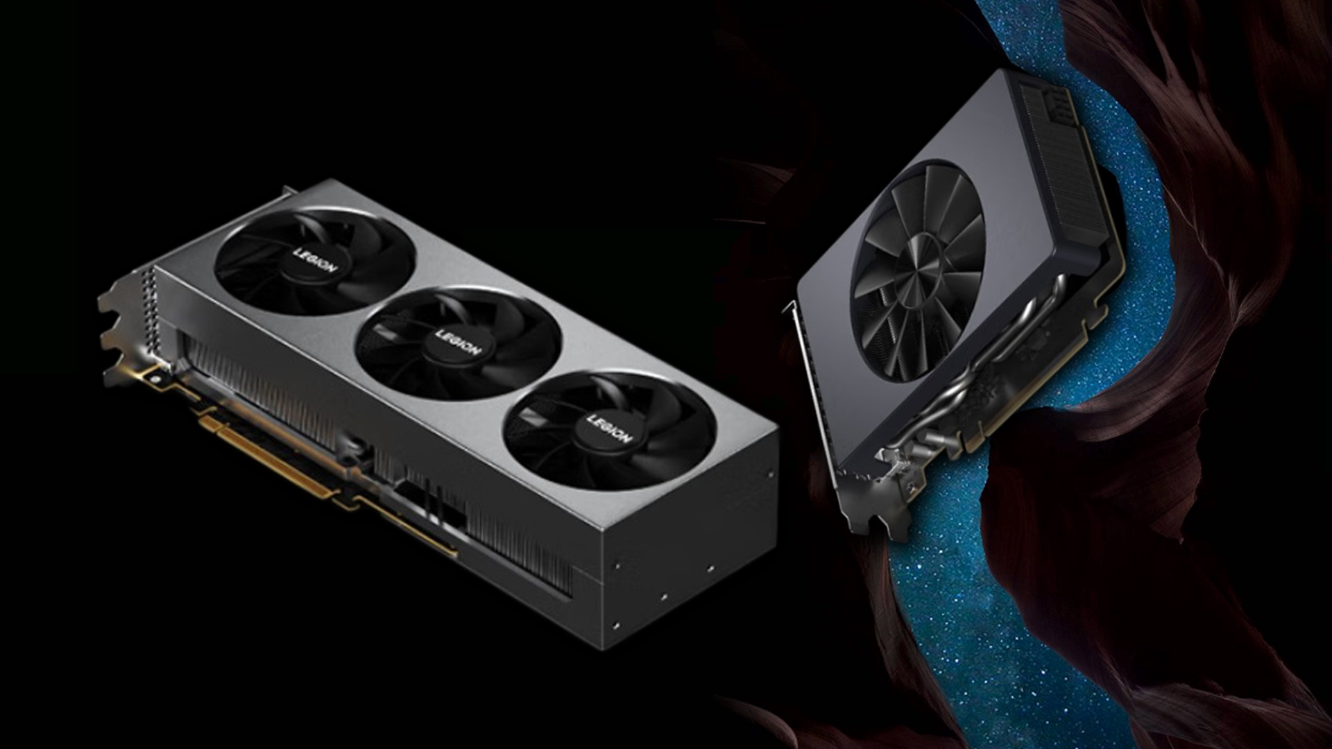Lenovo Legion GPU with three visible fans and Lenovo text displayed on a black background.