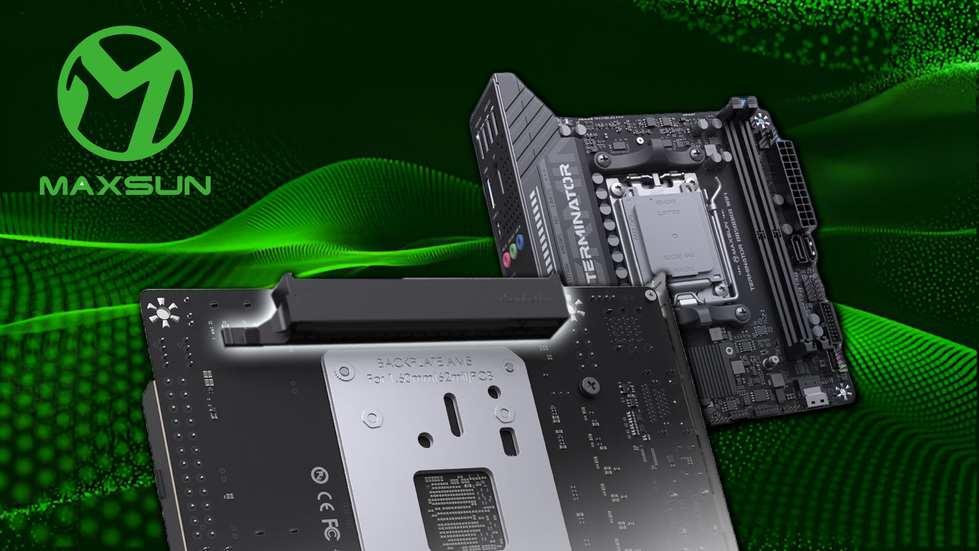 Maxsun Terminator motherboard with “BACKPLATE AM5” text displayed on a green patterned background.