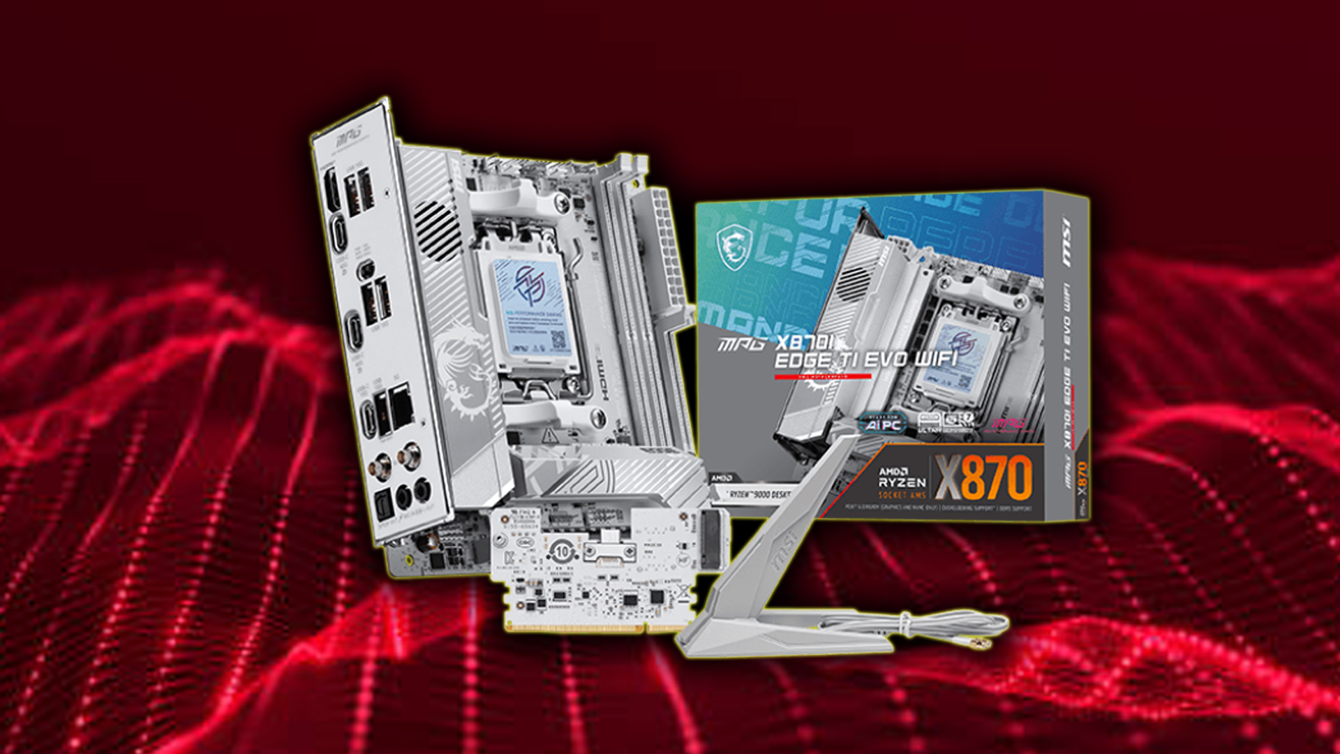 MSI X870I EDGE TI EVO WIFI motherboard with box and cable on red wave background.